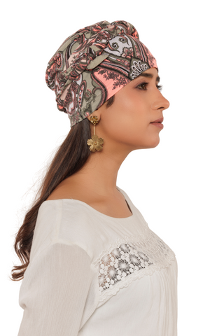 The Headscarves Women Bamboo Viscose Printed Cap With Printed Tail Scarf for Chemo Hair Loss Women