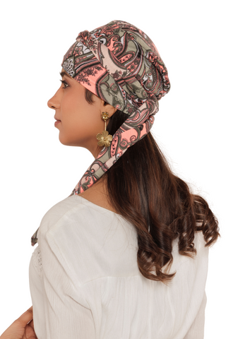 The Headscarves Women Bamboo Viscose Printed Cap With Printed Tail Scarf for Chemo Hair Loss Women
