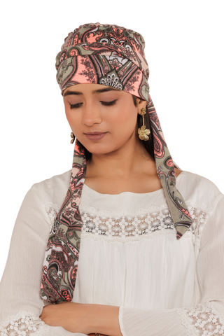 The Headscarves Women Bamboo Viscose Printed Cap With Printed Tail Scarf for Chemo Hair Loss Women