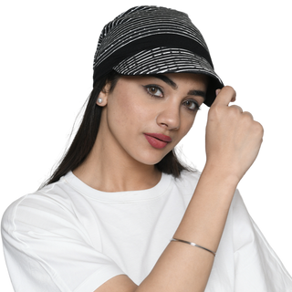 The Headscarves Bamboo Viscose NewBoys Reversible Cap with Printed Gathered Band for Women Black