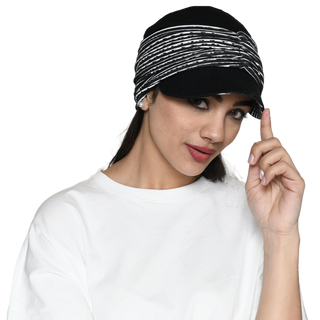The Headscarves Bamboo Viscose NewBoys Reversible Cap with Printed Gathered Band for Women Black